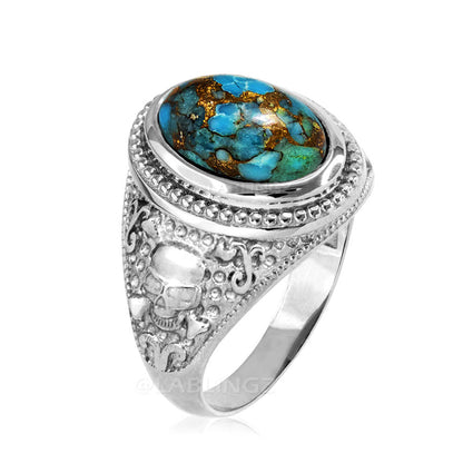 Sterling Silver Blue Copper Turquoise Skull And Bone Biker Gemstone Ring. Karma Blingz