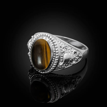Sterling Silver Tiger Eye Skull And Bone Biker Gemstone Ring. Karma Blingz
