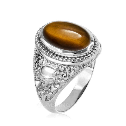 Sterling Silver Tiger Eye Skull And Bone Biker Gemstone Ring. Karma Blingz