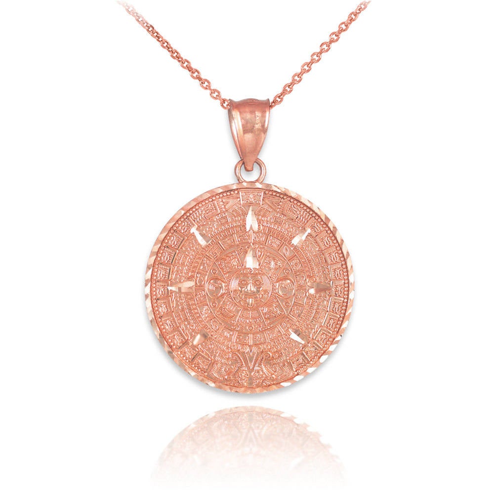 14K Gold Aztec Mayan Sun Calendar Pendant Necklace (yellow, white, rose gold) Karma Blingz