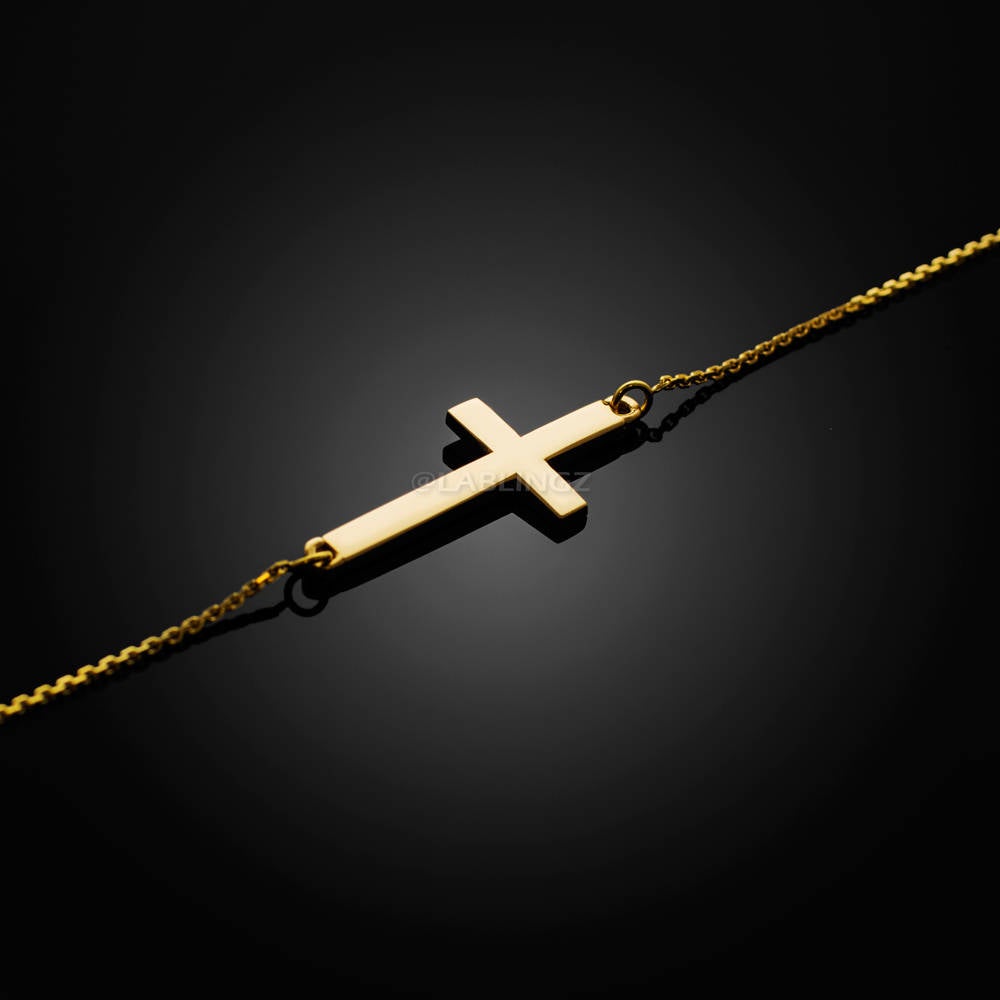 14K Solid Gold Sideways Cross Bracelet (yellow, white, rose gold) Karma Blingz