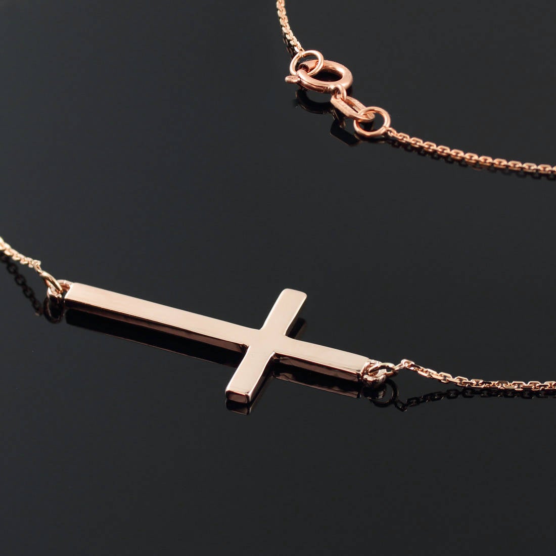 14K Solid Gold Sideways Cross Necklace (yellow, white, rose gold) Karma Blingz