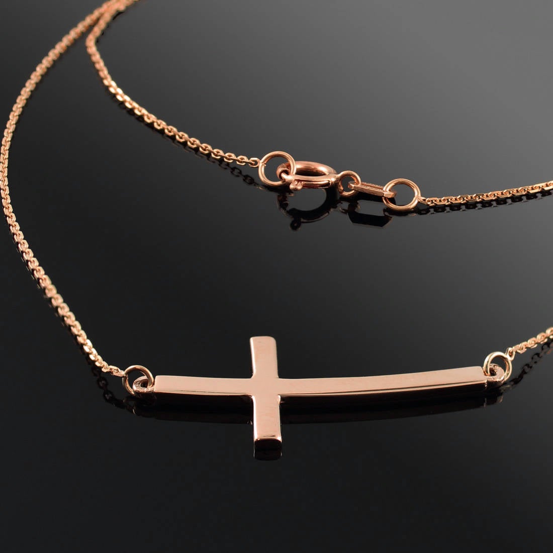14K Solid Gold Sideways Curved Cross Necklace (yellow, white, rose gold) Karma Blingz