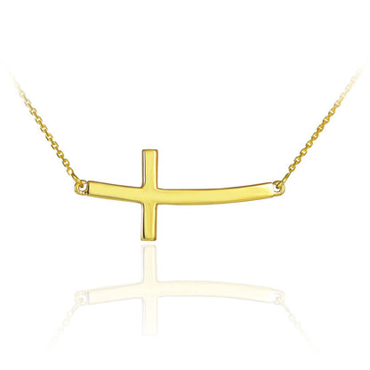 14K Solid Gold Sideways Curved Cross Necklace (yellow, white, rose gold) Karma Blingz