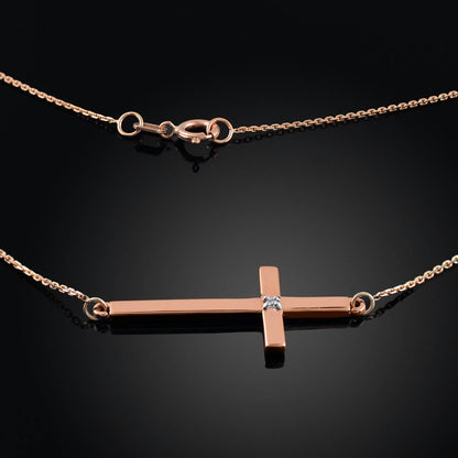 14K Solid Gold Diamond Sideways Cross Necklace (yellow, white, rose gold) Karma Blingz