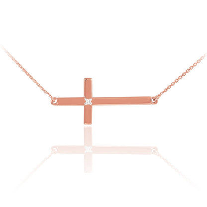 14K Solid Gold Diamond Sideways Cross Necklace (yellow, white, rose gold) Karma Blingz