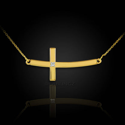 14K Solid Gold Sideways Diamond Curved Cross Necklace (yellow, white, rose gold) Karma Blingz