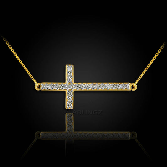 14K Gold Sideways Cross Diamond Necklace (yellow, white, rose gold) Karma Blingz