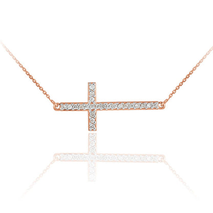 14K Gold Sideways Cross Diamond Necklace (yellow, white, rose gold) Karma Blingz