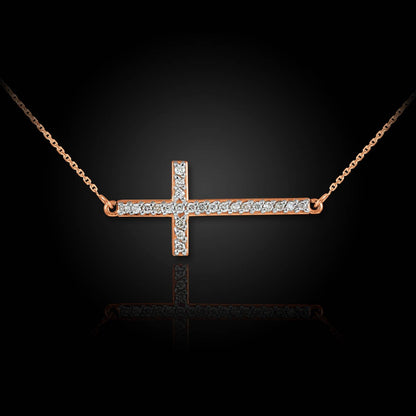 14K Gold Sideways Cross Diamond Necklace (yellow, white, rose gold) Karma Blingz