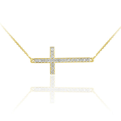 14K Gold Sideways Cross Diamond Necklace (yellow, white, rose gold) Karma Blingz