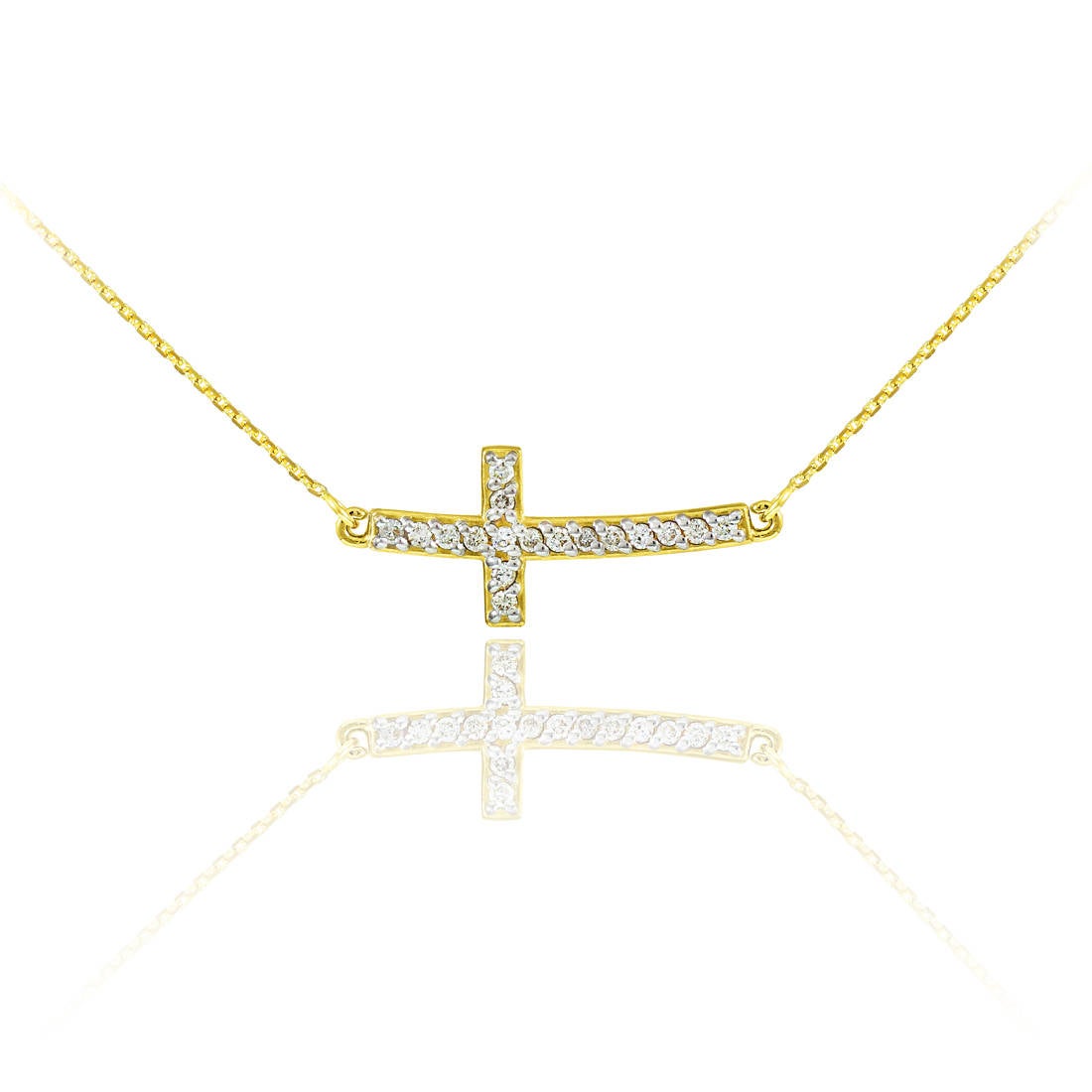 14K Gold Curved Mini Sideways Cross Diamond Necklace (yellow, white, rose gold) Karma Blingz