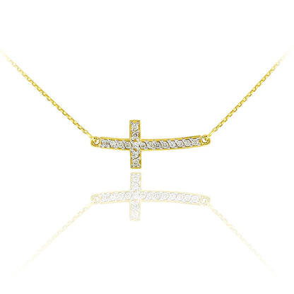 14K Gold Curved Mini Sideways Cross Diamond Necklace (yellow, white, rose gold) Karma Blingz