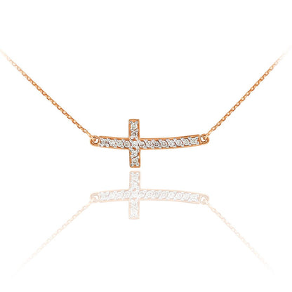 14K Gold Curved Mini Sideways Cross Diamond Necklace (yellow, white, rose gold) Karma Blingz
