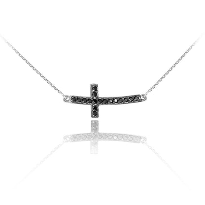 14K Gold Curved Mini Sideways Cross Black Diamond Necklace (yellow, white, rose gold) Karma Blingz