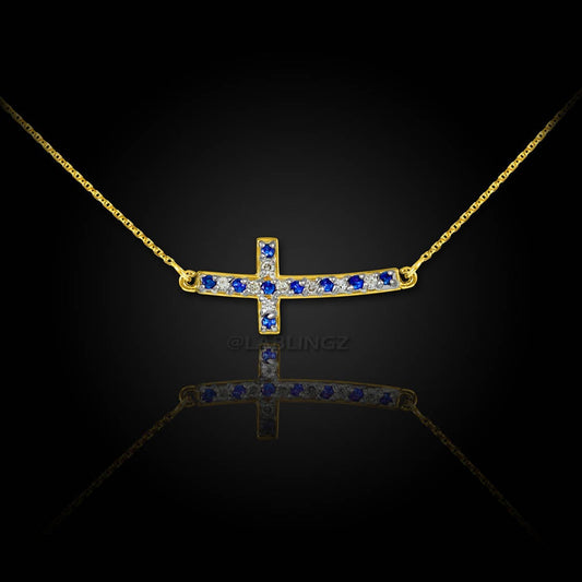 14K Gold Diamond and Sapphire Curved Mini Sideways Cross Necklace (yellow, white, rose gold) Karma Blingz