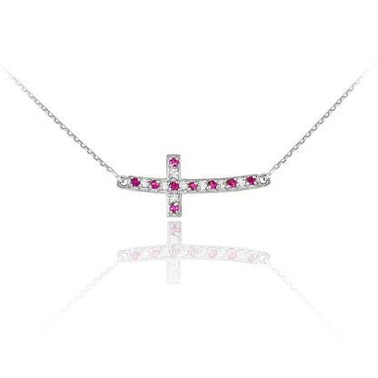 14K Gold Diamond and Ruby Curved Mini Sideways Cross Necklace (yellow, white, rose gold) Karma Blingz