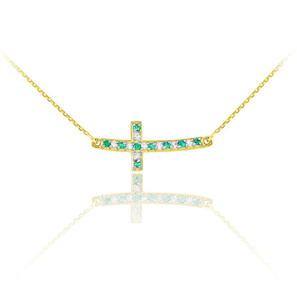 14K Gold Diamond and Emerald Curved Mini Sideways Cross Necklace (yellow, white, rose gold) Karma Blingz
