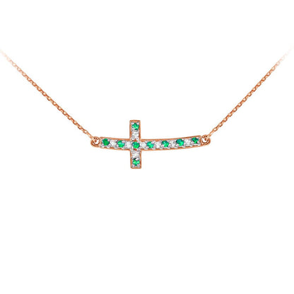 14K Gold Diamond and Emerald Curved Mini Sideways Cross Necklace (yellow, white, rose gold) Karma Blingz