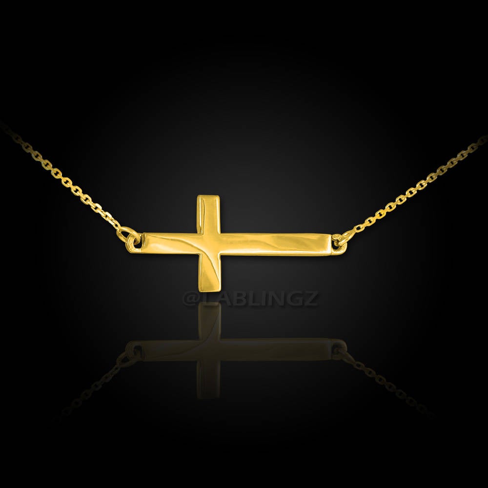 14K Gold Sideways Cross Necklace (yellow, white, rose gold) Karma Blingz