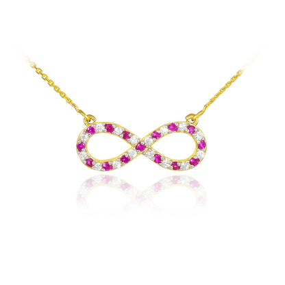 14K Gold Diamond and Ruby Infinity Necklace (yellow, white, rose gold) Karma Blingz