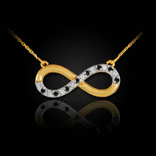 14K Polished Gold Black and White Diamond Infinity Necklace (yellow, white, rose gold) Karma Blingz