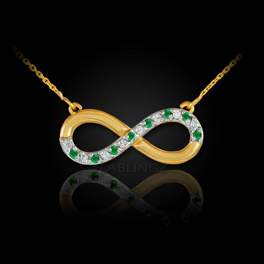 14K Polished Gold Emerald and Diamond Infinity Necklace (yellow, white, rose gold) Karma Blingz