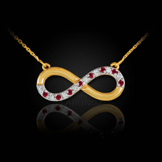 14K Polished Gold Ruby and Diamond Infinity Necklace (yellow, white, rose gold) Karma Blingz