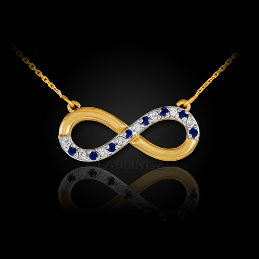 14K Polished Gold Sapphire and Diamond Infinity Necklace (yellow, white, rose gold) Karma Blingz
