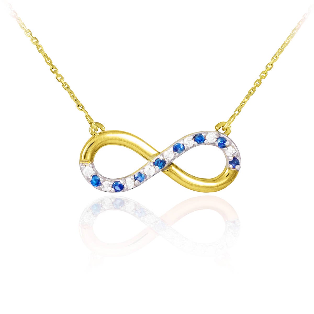 14K Polished Gold Sapphire and Diamond Infinity Necklace (yellow, white, rose gold) Karma Blingz