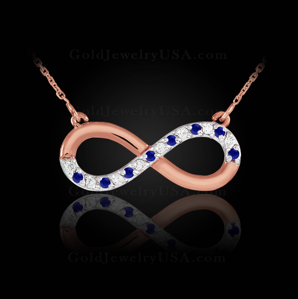 14K Polished Gold Sapphire and Diamond Infinity Necklace (yellow, white, rose gold) Karma Blingz