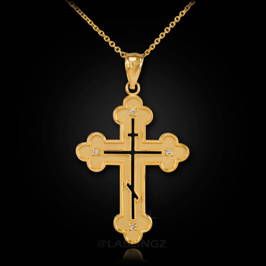 Gold Russian Eastern Orthodox Diamond Cross Pendant Necklace (yellow, white, rose gold) Karma Blingz