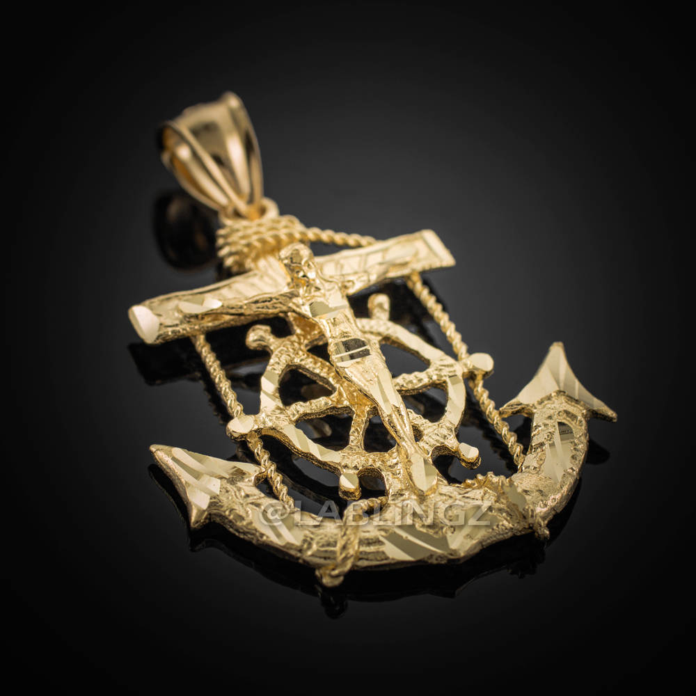 Solid Gold Mariner Anchor Mens Midsize Crucifix Cross Pendant (yellow, white, rose gold, 10k, 14k) Karma Blingz