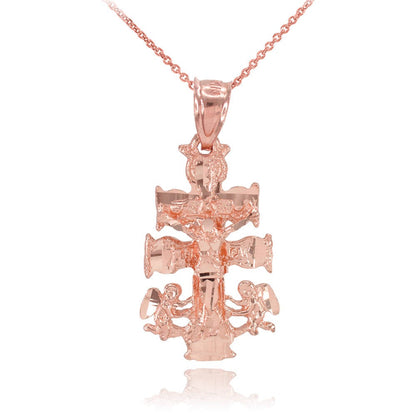 Gold Caravaca Crucifix Double Cross Pendant Necklace (yellow, white, rose gold, 10k, 14k) Karma Blingz