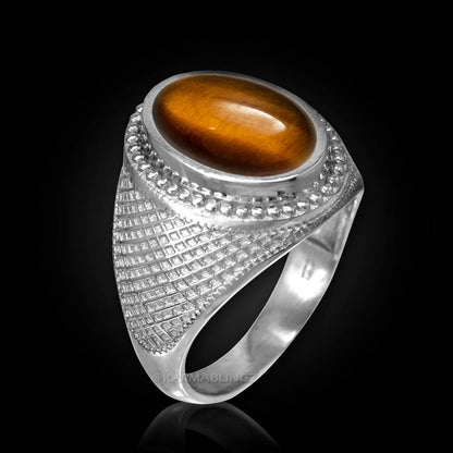 Sterling Silver Tiger Eye Mens Gemstone Statement Ring Karma Blingz