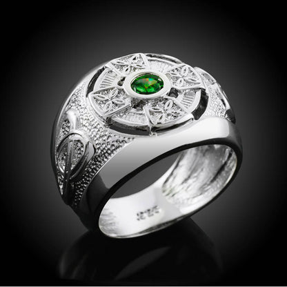 White Gold Irish Celtic Emerald-green CZ Mens Statement Ring (10K, 14K) Karma Blingz