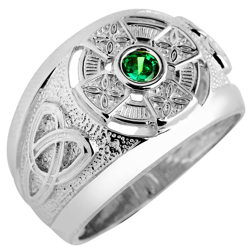 White Gold Irish Celtic Emerald-green CZ Mens Statement Ring (10K, 14K) Karma Blingz