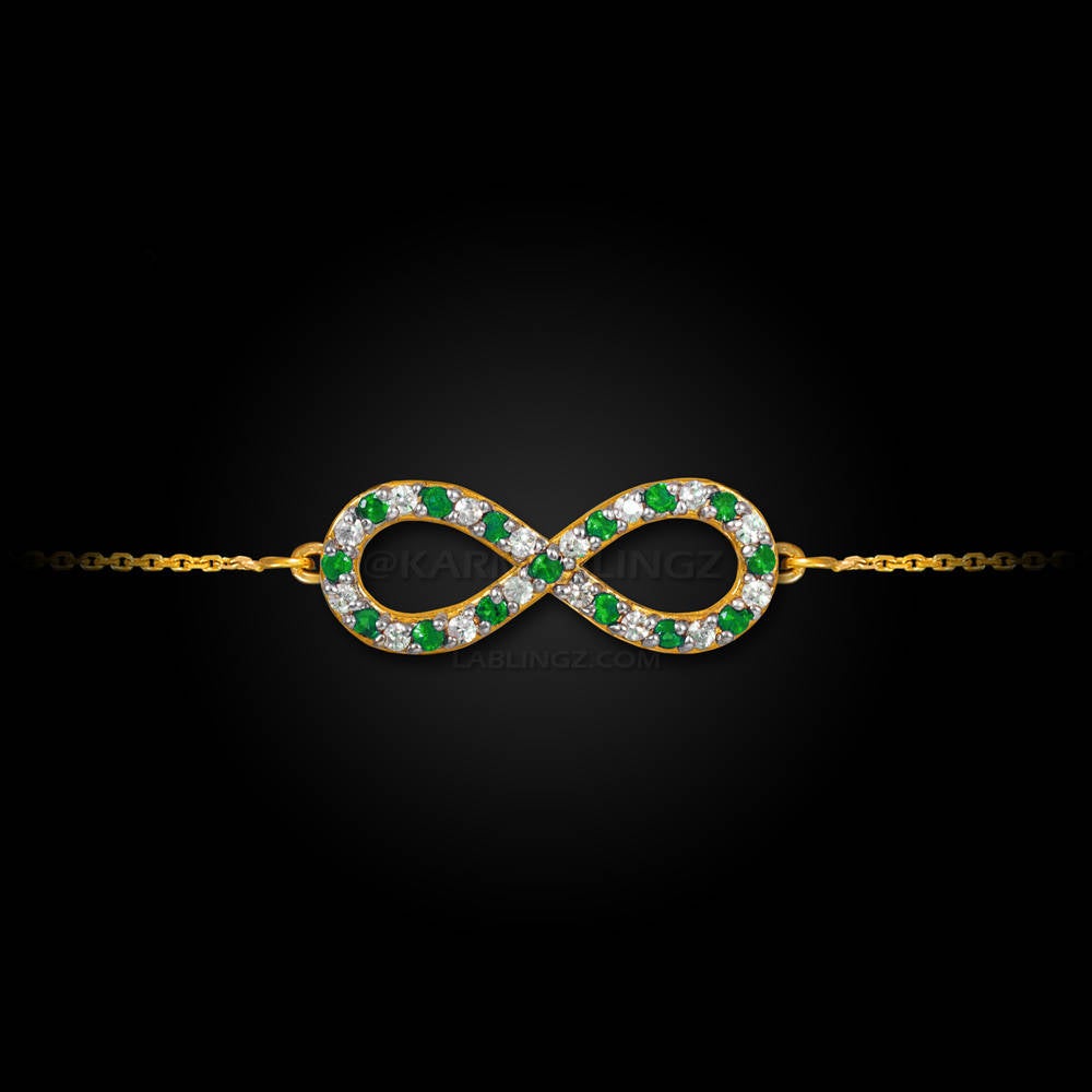 14K Gold Diamond and Emerald Infinity Bracelet (yellow, white, rose gold) Karma Blingz