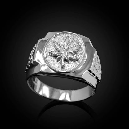 Sterling Silver Marijuana Weed Leaf Mens Nugget Ring Karma Blingz