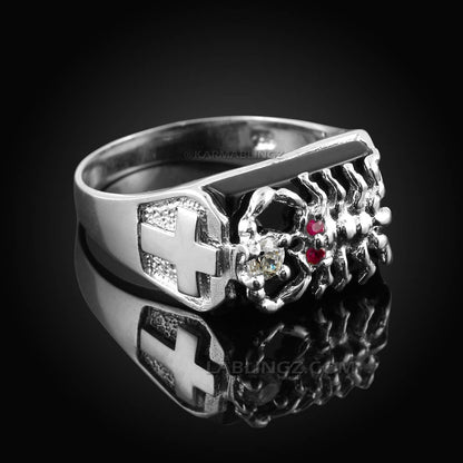 Sterling Silver Scorpion Black Onyx Cross Mens CZ Ring Karma Blingz