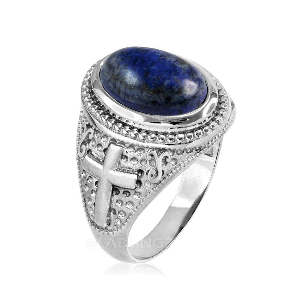 Sterling Silver Christian Cross Lapis Lazuli Gemstone Ring Karma Blingz