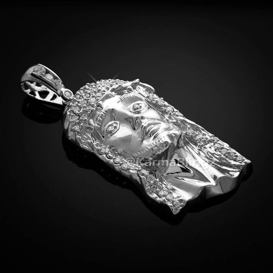 Iced Sterling Silver Jesus Face Mens CZ Pendant Karma Blingz