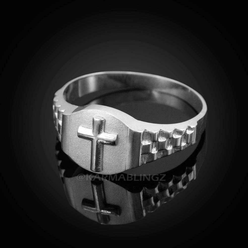 Sterling Silver rolex style Round Cross Ring - Mens Silver Cross Ring Karma Blingz