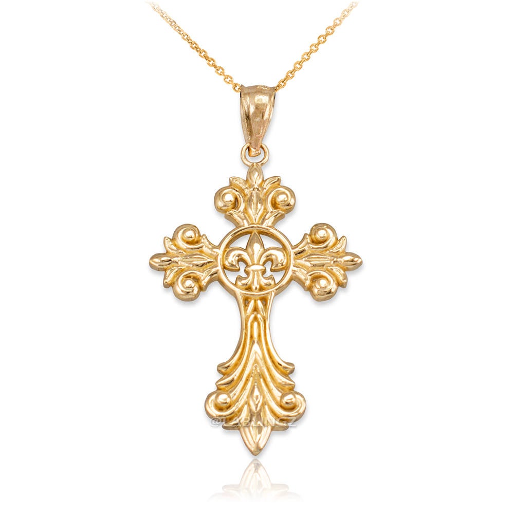 Gold Fleur de Lis Cross Pendant Necklace (yellow, white, rose gold, 10k, 14k) Karma Blingz