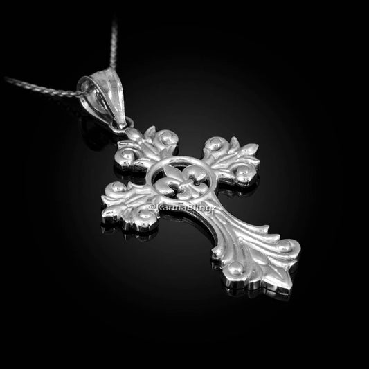 Sterling Silver Fleur de Lis Cross Pendant Necklace Karma Blingz