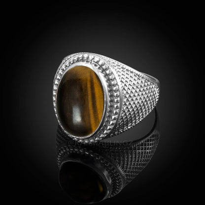 Sterling Silver Tiger Eye Mens Gemstone Statement Ring Karma Blingz