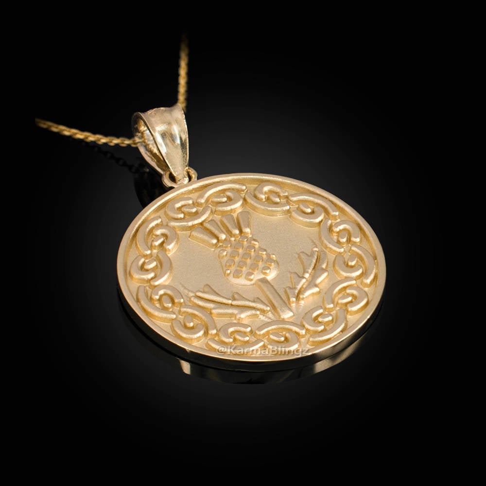 Gold Scottish Thistle Medallion Pendant Necklace (10k, 14k, yellow, white, rose gold) Karma Blingz