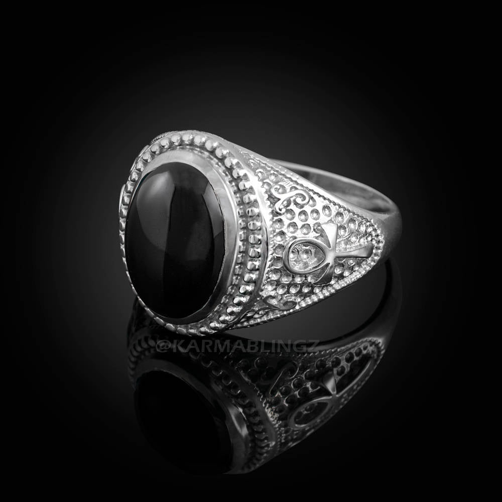 Sterling Silver Egyptian Ankh Cross Black Onyx Gemstone Ring Karma Blingz