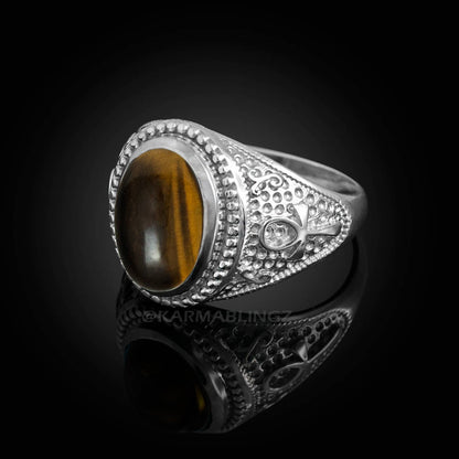 Sterling Silver Egyptian Ankh Cross Tiger Eye Gemstone Ring Karma Blingz