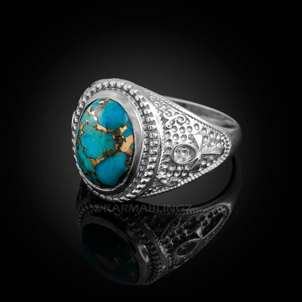 Sterling Silver Egyptian Ankh Cross Blue Copper Turquoise Ring Karma Blingz